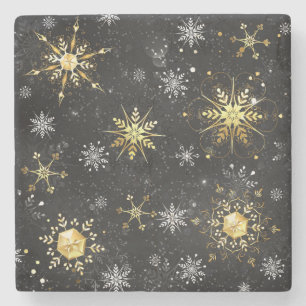 Xmas Golden Snowflakes on Black Background Stone Coaster