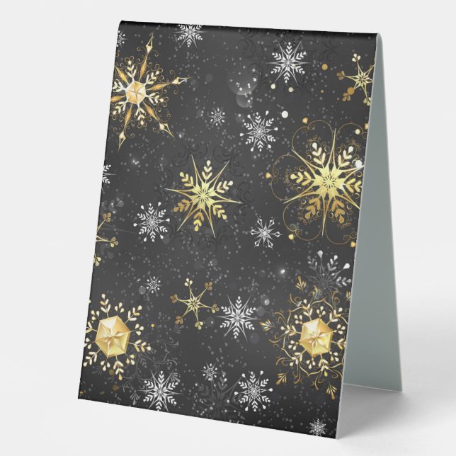 Xmas Golden Snowflakes on Black Background Table Tent (Front)
