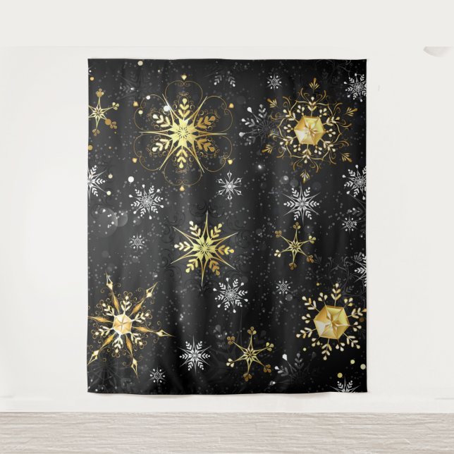 Xmas Golden Snowflakes on Black Background Tapestry (Front)