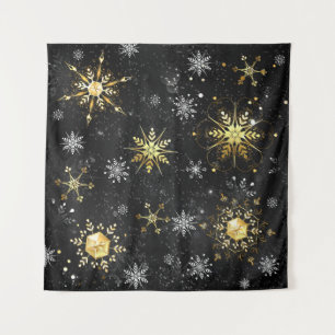 Xmas Golden Snowflakes on Black Background Tapestry