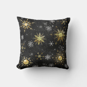 Xmas Golden Snowflakes on Black Background Throw Pillow
