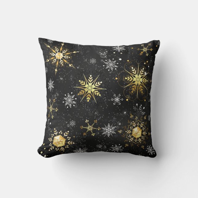 Xmas Golden Snowflakes on Black Background Throw Pillow (Front)