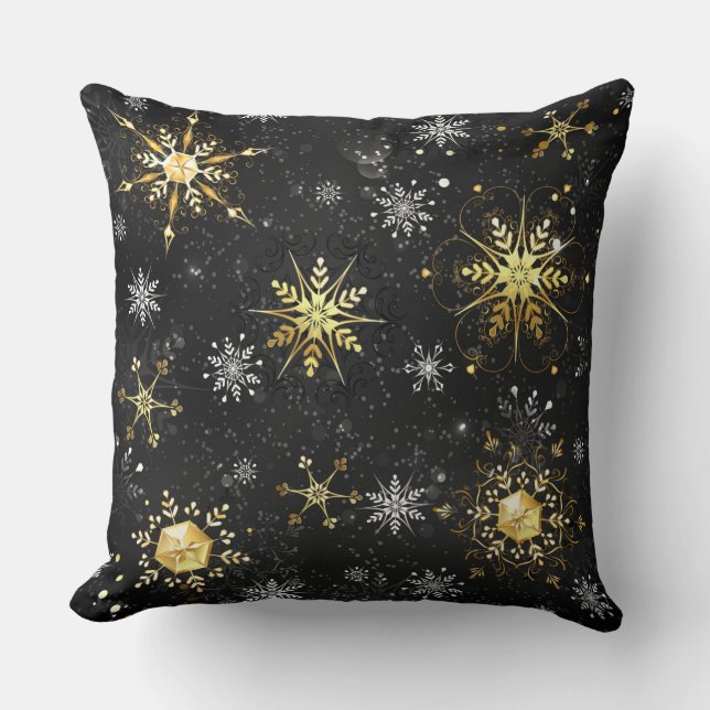 Xmas Golden Snowflakes on Black Background Throw Pillow (Front)