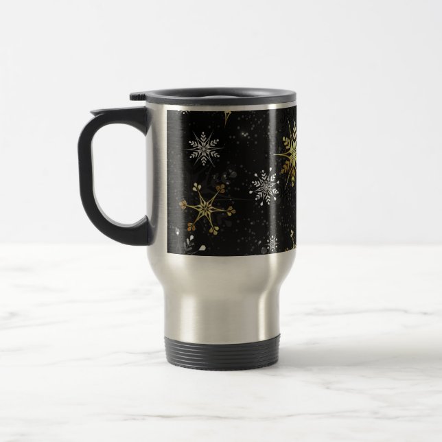Xmas Golden Snowflakes on Black Background Travel Mug (Left)