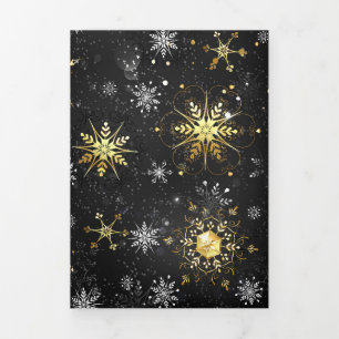 Xmas Golden Snowflakes on Black Background Tri-Fold Card