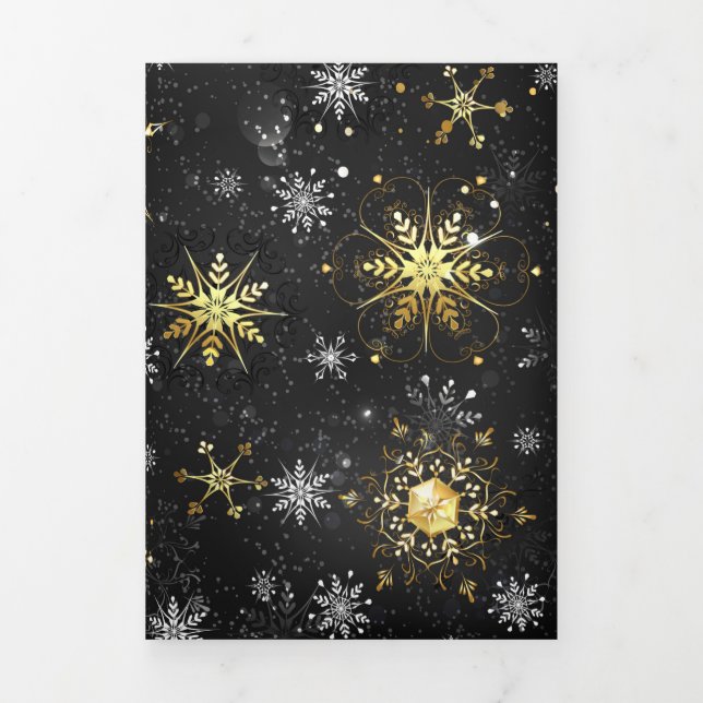 Xmas Golden Snowflakes on Black Background Tri-Fold Program (Cover)