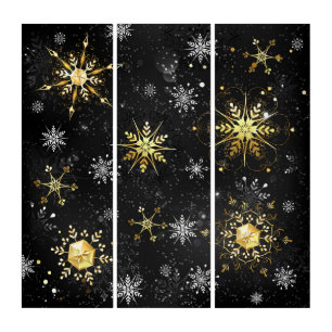 Xmas Golden Snowflakes on Black Background Triptych