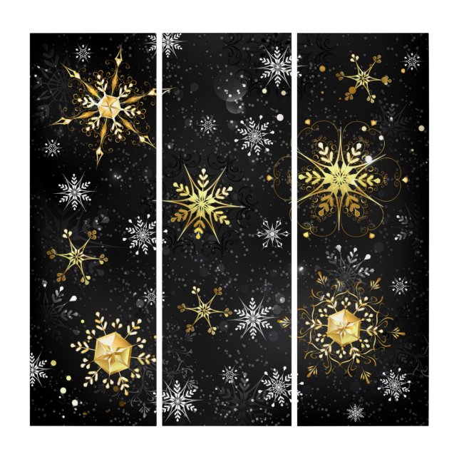 Xmas Golden Snowflakes on Black Background Triptych (Front)