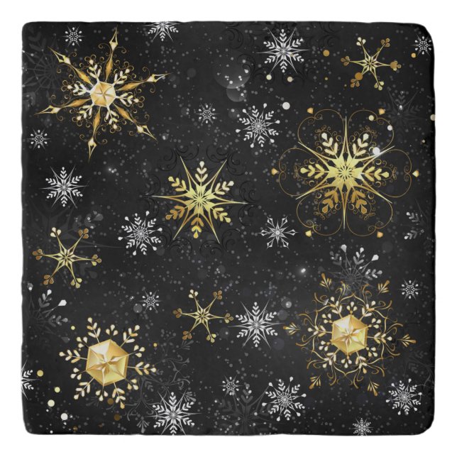 Xmas Golden Snowflakes on Black Background Trivet (Front)