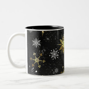 Xmas Golden Snowflakes on Black Background Two-Tone Coffee Mug