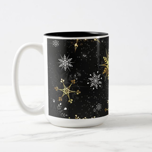 Xmas Golden Snowflakes on Black Background Two-Tone Coffee Mug (Left)
