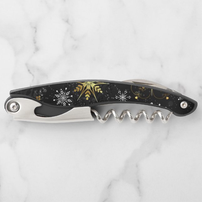 Xmas Golden Snowflakes on Black Background Waiter's Corkscrew (Front)