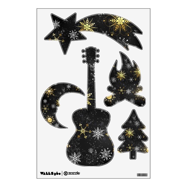 Xmas Golden Snowflakes on Black Background Wall Decal (Front)