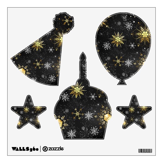 Xmas Golden Snowflakes on Black Background Wall Decal (Front)