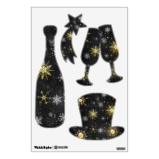 Xmas Golden Snowflakes on Black Background Wall Decal (Front)