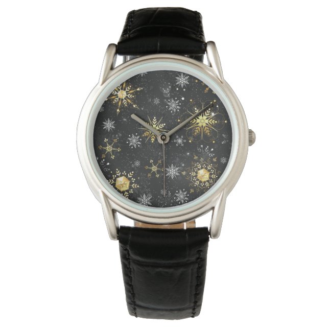 Xmas Golden Snowflakes on Black Background Watch (Front)
