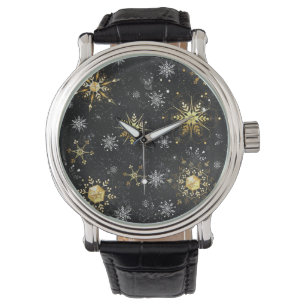 Xmas Golden Snowflakes on Black Background Watch