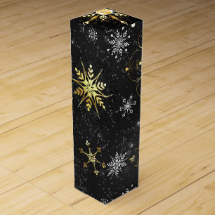 Xmas Golden Snowflakes on Black Background Wine Box