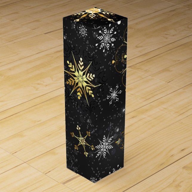 Xmas Golden Snowflakes on Black Background Wine Box (Front)