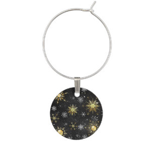 Xmas Golden Snowflakes on Black Background Wine Charm