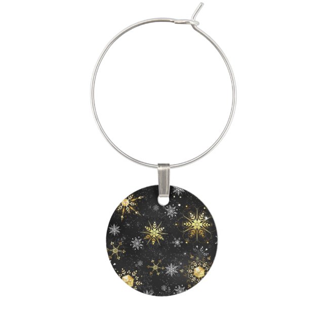 Xmas Golden Snowflakes on Black Background Wine Charm (Front)