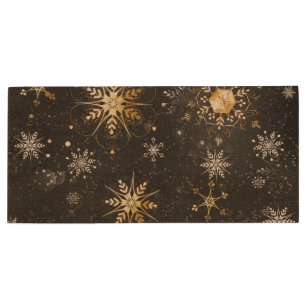 Xmas Golden Snowflakes on Black Background Wood Flash Drive