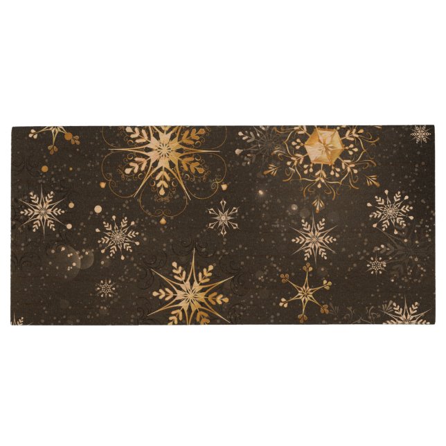 Xmas Golden Snowflakes on Black Background Wood Flash Drive (Back)
