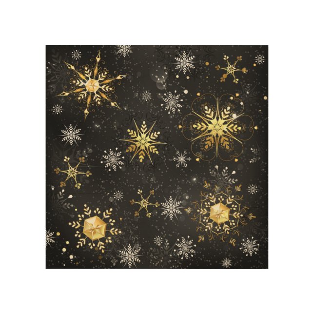 Xmas Golden Snowflakes on Black Background Wood Wall Art (Front)