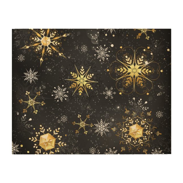 Xmas Golden Snowflakes on Black Background Wood Wall Art (Front)