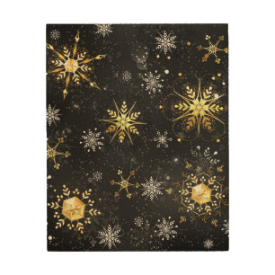Xmas Golden Snowflakes on Black Background Wood Wall Art