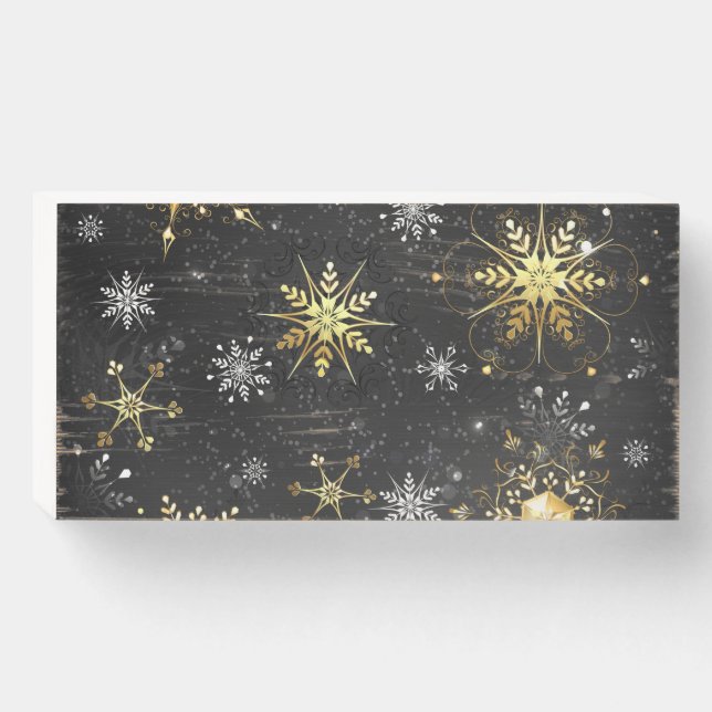 Xmas Golden Snowflakes on Black Background Wooden Box Sign (Front Horizontal)