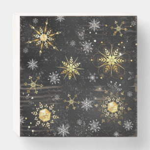 Xmas Golden Snowflakes on Black Background Wooden Box Sign