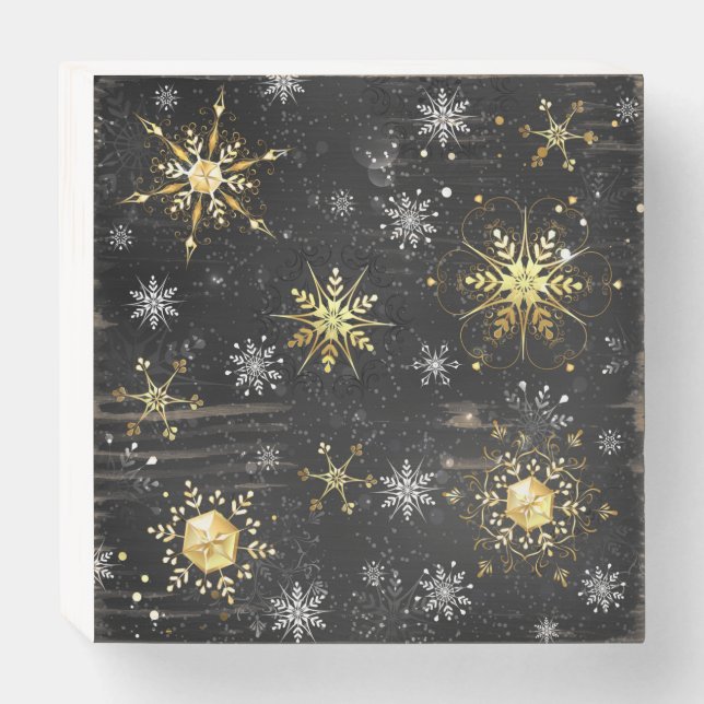 Xmas Golden Snowflakes on Black Background Wooden Box Sign (Front Horizontal)