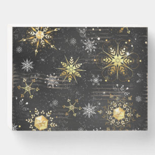 Xmas Golden Snowflakes on Black Background Wooden Box Sign