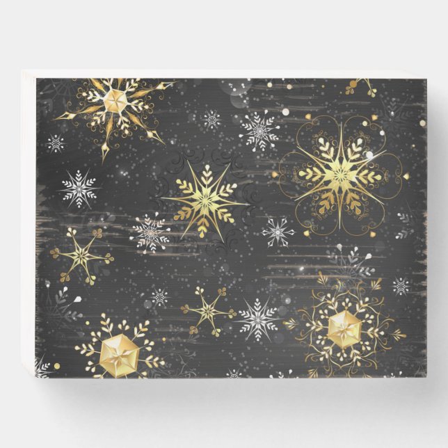 Xmas Golden Snowflakes on Black Background Wooden Box Sign (Front Horizontal)