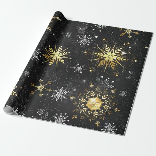 Xmas Golden Snowflakes on Black Background Wrapping Paper