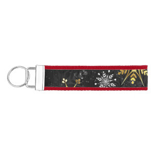 Xmas Golden Snowflakes on Black Background Wrist Keychain