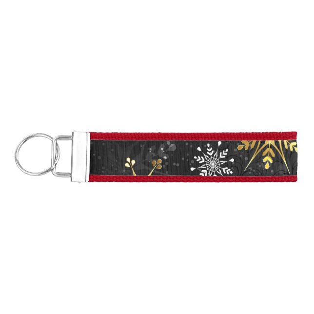Xmas Golden Snowflakes on Black Background Wrist Keychain (Keys on Left)