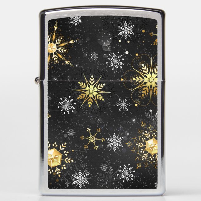 Xmas Golden Snowflakes on Black Background Zippo Lighter (Front)