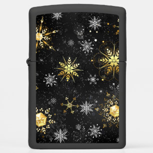 Xmas Golden Snowflakes on Black Background Zippo Lighter