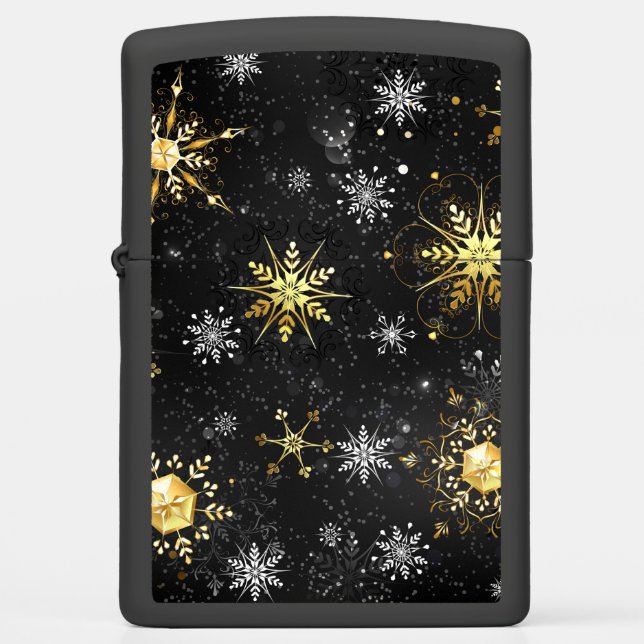 Xmas Golden Snowflakes on Black Background Zippo Lighter (Front)