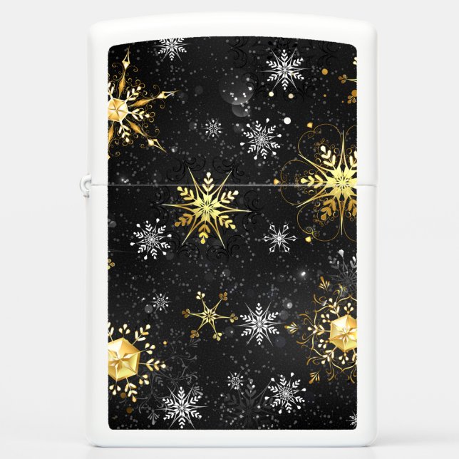Xmas Golden Snowflakes on Black Background Zippo Lighter (Front)