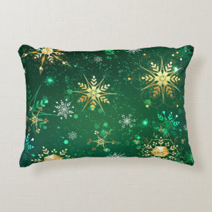 Xmas Golden Snowflakes on Green Background Accent Pillow