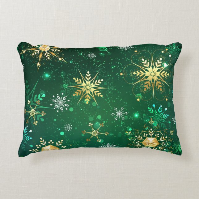 Xmas Golden Snowflakes on Green Background Accent Pillow (Front)