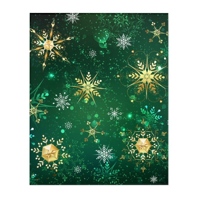 Xmas Golden Snowflakes on Green Background Acrylic Print (Front)