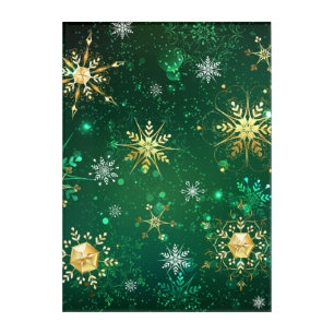 Xmas Golden Snowflakes on Green Background Acrylic Print