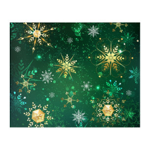 Xmas Golden Snowflakes on Green Background Acrylic Print