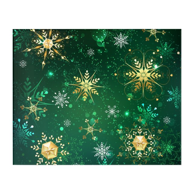 Xmas Golden Snowflakes on Green Background Acrylic Print (Front)