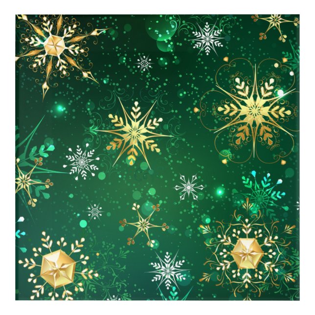Xmas Golden Snowflakes on Green Background Acrylic Print (Front)