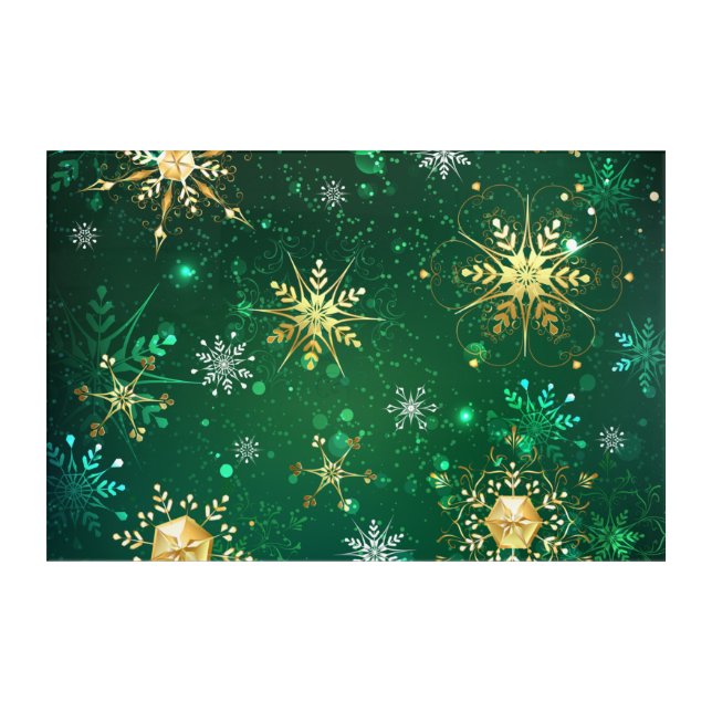 Xmas Golden Snowflakes on Green Background Acrylic Print (Front)